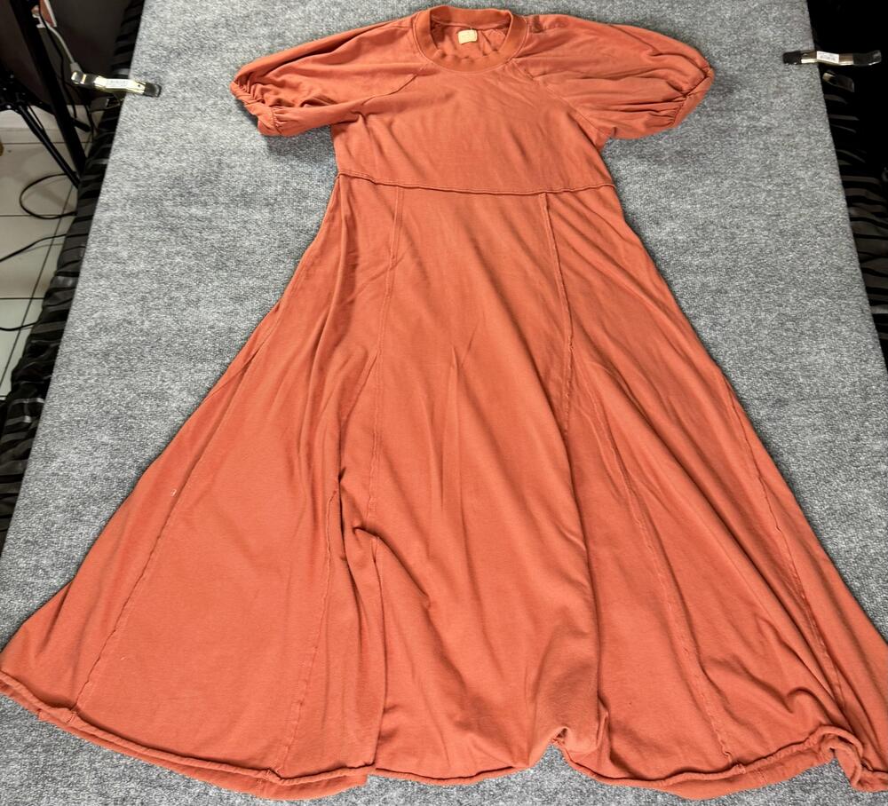 Free-est Dress Womens Large Orange Maxi Puff Sleeve French Terry Sweater Casual